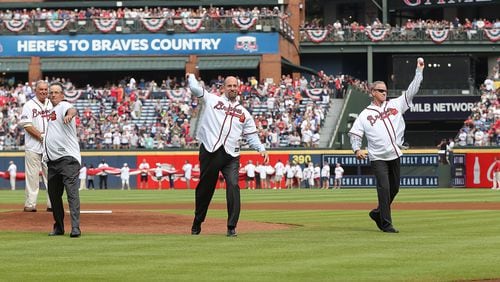 Former Braves Hall of Fame manager Bobby Cox looks on as his three former Hall of Fame pitchers Greg Maddux, John Smoltz, and Tom Glavine throw out the first pitch for the Braves in the final game at Turner Field last season. (Curtis Compton/ccompton@ajc.com)