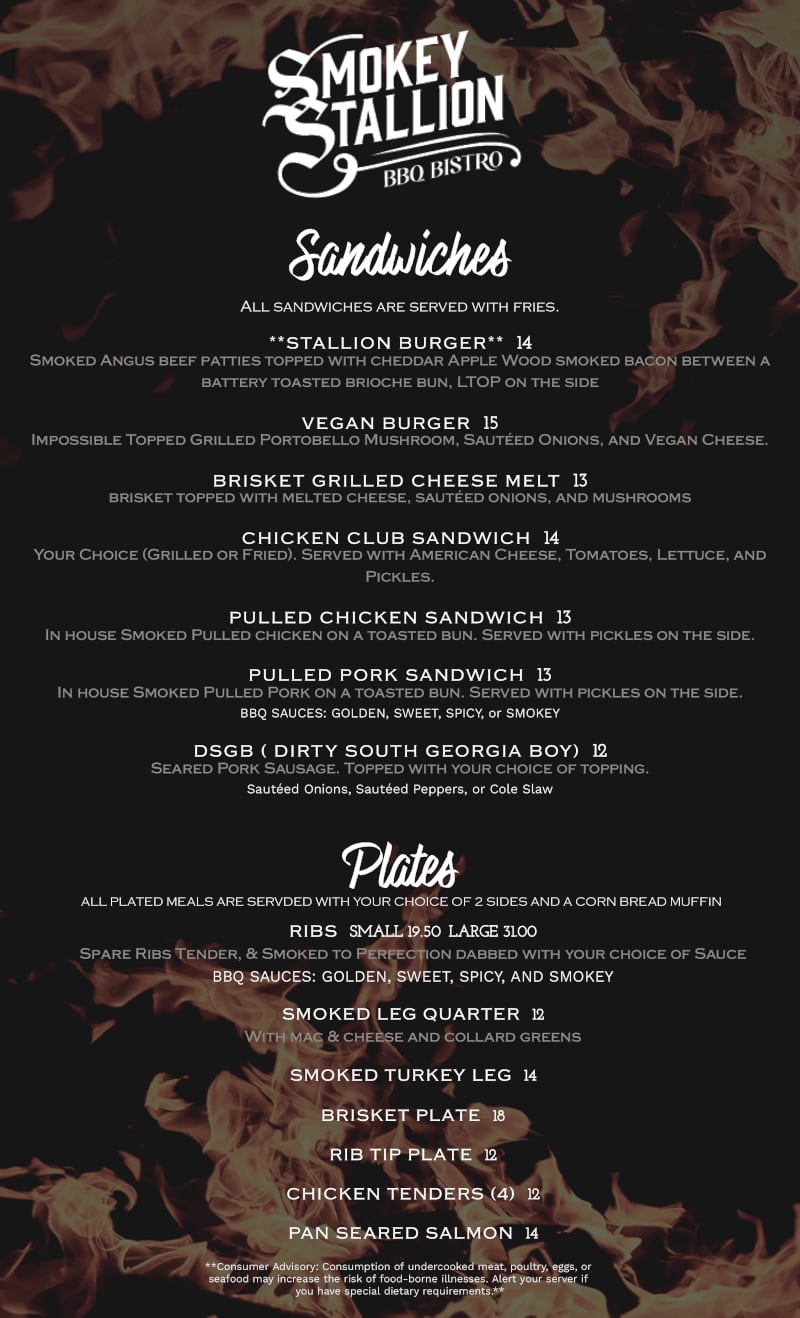 The menu from Smokey Stallion.