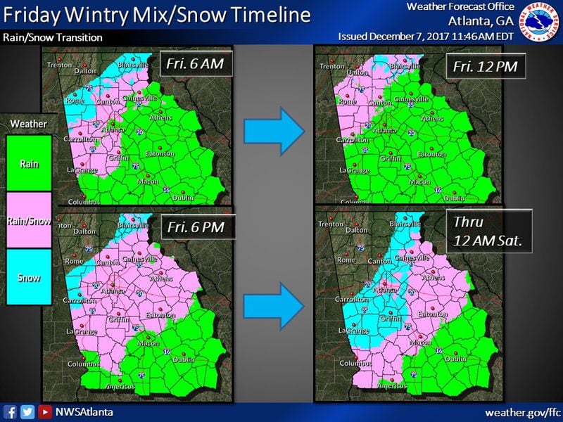 The National Weather Service provided this timeline for Friday's anticipated wintry mix. (Credit: The National Weather Service)