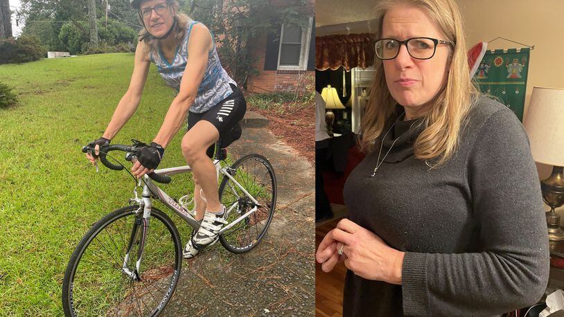 The photo on the left of Bibiana Marlar was taken early this month. She says it's important to "pick a kind of exercise you enjoy." For her, that's biking. The photo on the right of Marlar was taken in December 2020. (Photos contributed by Bibiana Marlar)
