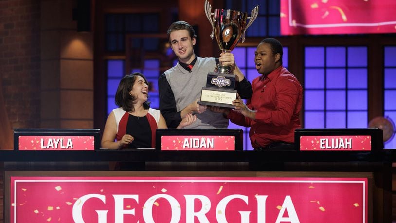 "Capital One College Bowl" champions: the University of Georgia's Layla Parsa (from left), Aidan Leahy and Elijah Odunade. (Photo by: Steve Swisher/NBC)