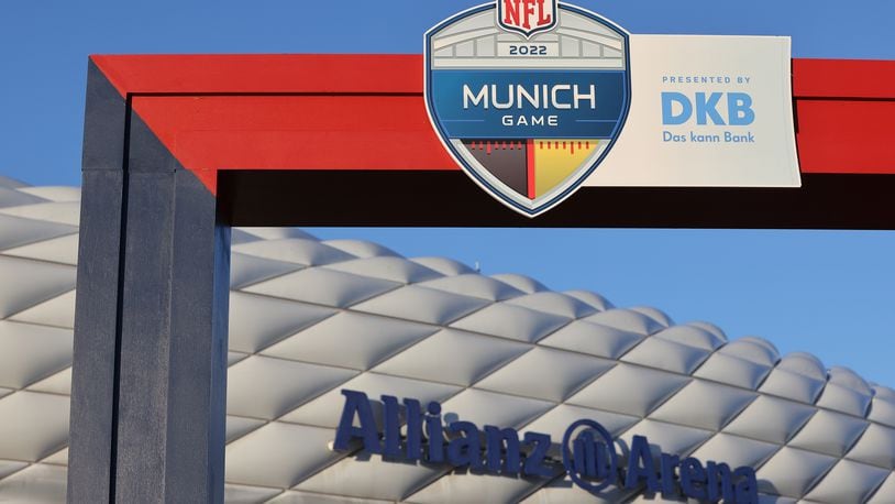 Logo of the NFL Munich game displayed in front of the Allianz Arena before the Seattle Seahawks and Tampa Bay Buccaneers meet on Nov. 13, 2022, in Munich. (Alexandra Beier/Getty Images/TNS)