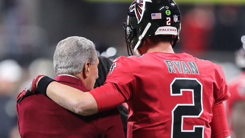 Falcons quarterback Matt Ryan gives owner Arthur Blank a hug before playing the New Orleans Saints Thursday, Dec.7, 2017, in Atlanta.