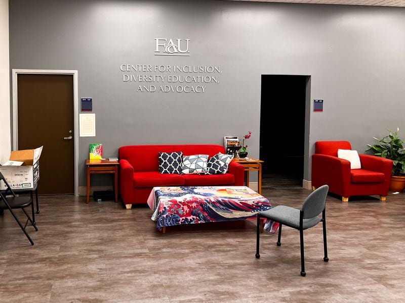 The staff offices at Florida Atlantic University’s Center for Inclusion, Diversity Education and Advocacy are abandoned, with nameplates gone and posters and pamphlets left behind. (Photo Courtesy of Laura Pappano, The Hechinger Report)