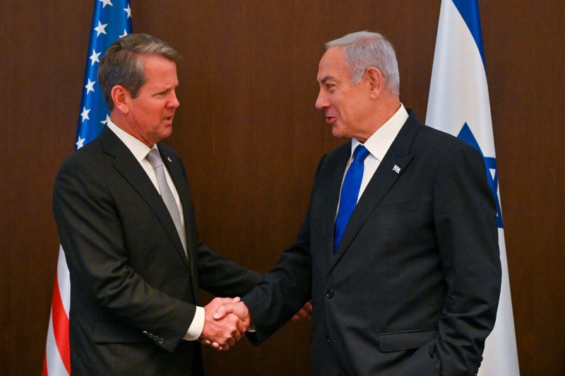 Gov. Brian Kemp and Israeli Prime Minister Benjamin Netanyahu meet in the Israeli leader's Jerusalem office on Sunday, May 21, 2023. (Israel GPO/Kobi Gideon)
