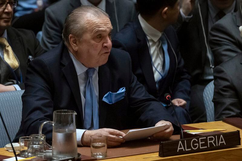 Algeria's Permanent Ambassador to the United Nations Amar Bendjama speaks during a Security Council meeting at United Nations headquarters, Thursday, April 18, 2024. (AP Photo/Yuki Iwamura)
