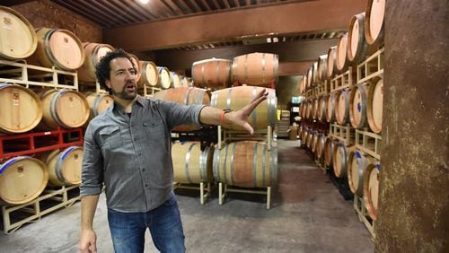 April 18, 2019 Cleveland - Eric Miller shows one of wine caves at Yonah Mountain Vineyards in Cleveland on Wednesday, April 18, 2019. Yonah Mountain Vineyards is the first winery in Georgia to implement a major solar power initiative with the goal of countering its carbon footprint. It is currently the only winery in the Southeast with a program of this size generating at least 60% of its total annual energy usage. HYOSUB SHIN / HSHIN@AJC.COM