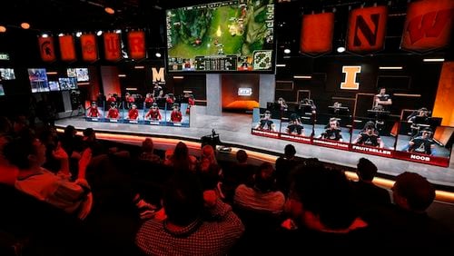 The audience watches a match between the University of Maryland, left, and the University of Illinois in the Big Ten Network "League of Legends" championship in the Battle Theater at North American League Championship Arena at Riot Games on March 28, 2017 in Los Angeles. Maryland won the best of five contest by a score of 3-0. (Mel Melcon/Los Angeles Times/TNS)
