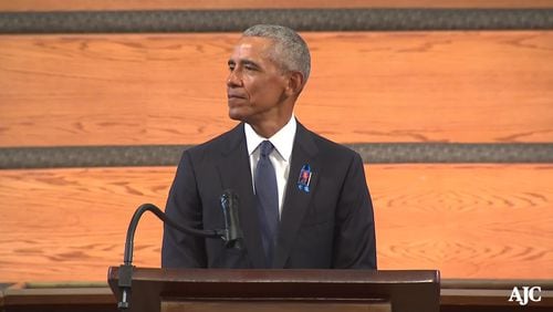 Former President Barack Obama, addresses the service during the funeral for the late Rep. John Lewis, D-Ga., at Ebenezer Baptist Church in Atlanta, Thursday, July 30, 2020.