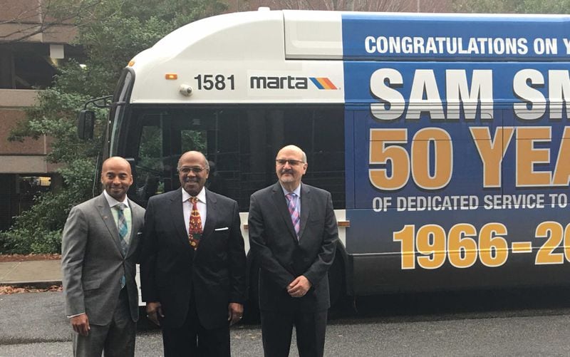 MARTA CEO Keith Parker (left), Sam Smith (center) and COO Rich Krisak pose for a photo at Smith’s bus dedication. (Credit: Alisa Jackson)