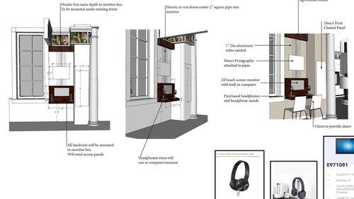 Design sketches depict the video storyteller station added to the Alpharetta History Room project. MALONE DESIGN/FABRICATION