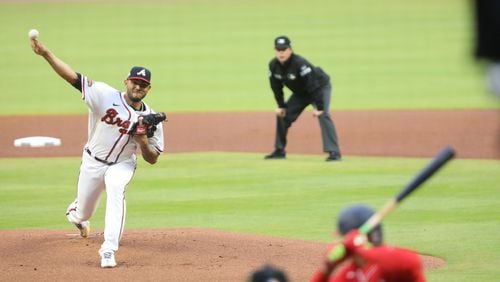 Braves starting pitcher Huascar Ynoa (19) delivers a pitch during against the Washington Nationals at Truist Park on Monday, April 11, 2022. Miguel Martinez / miguel.martinezjimenez@ajc.com