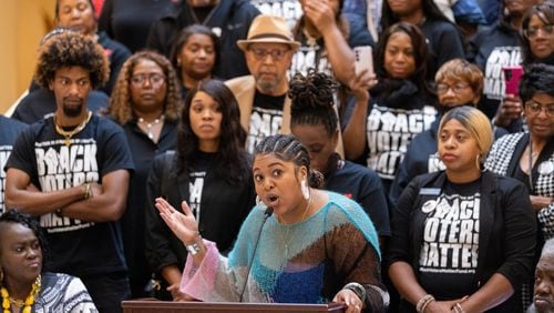 Crystal Greer, co-founder of Protect the Vote GA, speaks at a Black Voters Matter press conference at the Capitol in Atlanta on Wednesday, February 28, 2024. (Arvin Temkar / arvin.temkar@ajc.com)