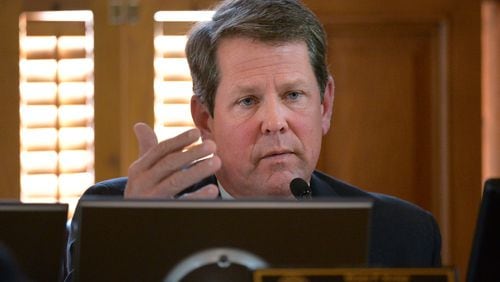September 17, 2014 Atlanta - State Election Board chairman Brian Kemp speaks during a special meeting to lay out the case of alleged voter registration fraud against the New Georgia Project at the Georgia State Capitol on Wednesday, September, 17, 2014. HYOSUB SHIN / HSHIN@AJC.COM