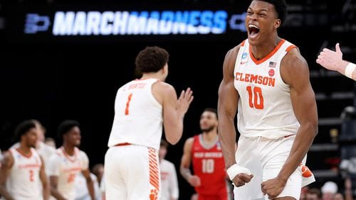 Clemson's RJ Godfrey (10) celebrates during action against New Mexico in the first round of the NCAA Tournament at FedExForum on Friday, March 22, 2024, in Memphis, Tennessee. (Justin Ford/Getty Images/TNS)