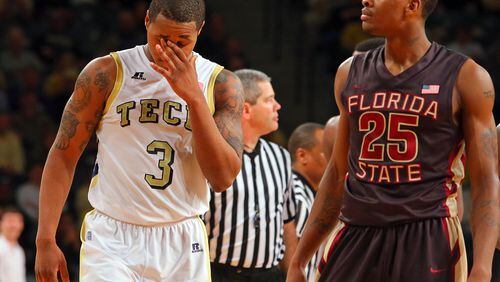 020513 ATLANTA: Georgia Tech guard Macus Georges-Hunt reacts to turning the ball over to Florida State in the final minutes of a 56-54 loss to the Seminoles during the second half of their NCAA college basketball game on Tuesday, Feb. 5, 2013, in Atlanta. CURTIS COMPTON / CCOMPTON@AJC.COM