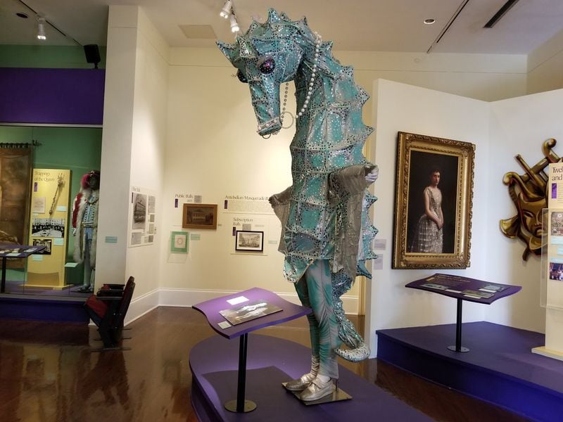 A whimsical seahorse costume worn to a Mardi Gras ball held by the Krewe of Amon-Ra, a gay men’s krewe, is on exhibit at the Presbytere in New Orleans. CONTRIBUTED BY WESLEY K.H. TEO