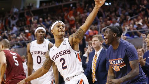 Auburn guard Bryce Brown (2) celebrates after scoring a three-point basket during the second half of an NCAA college basketball game against South Carolina, Saturday, March 3, 2018, in Auburn, Ala.