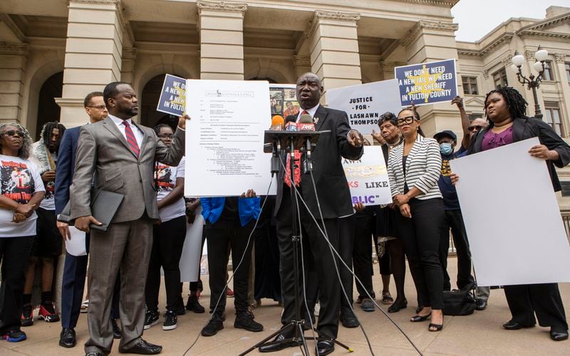 Ben Crump, civil rights attorney, speaks at a press conference addressing the results of an independent autopsy determining the cause of death for Lashawn Thompson on Monday, May 22, 2023, at the State Capitol in Atlanta. Thompson’s family and legal team released the results of an autopsy that determined that his death in the psychiatric wing of the Fulton County Jail resulted from neglect. Christina Matacotta for The Atlanta Journal-Constitution. 