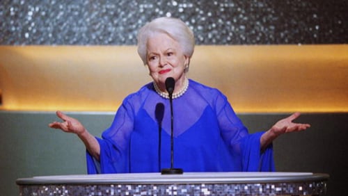 Academy Award-winning actress Olivia de Havilland (To Each His Own, 1946, and The Heiress,  1950) introduced other former Oscar winners in acting categories for a group presentation during the 75th Annual Academy Awards in 2003 in Hollywood, California.