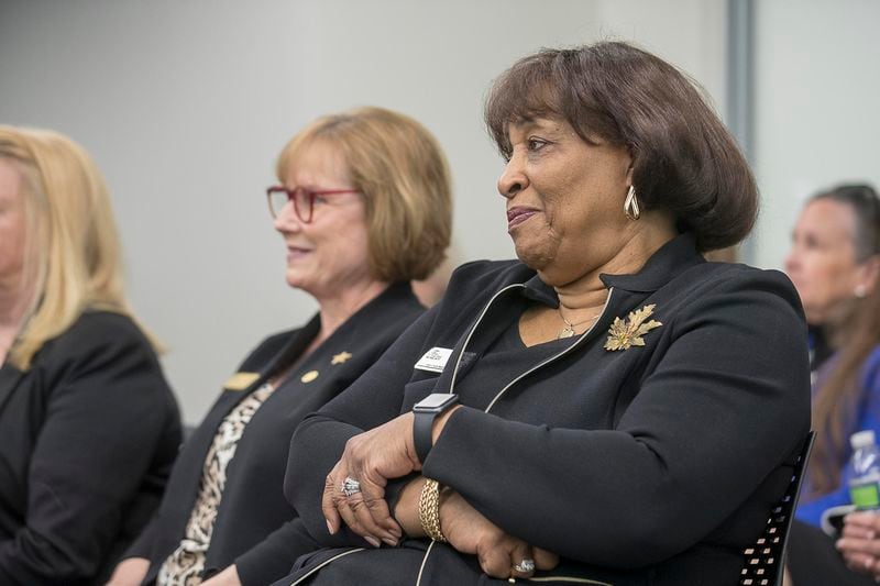 Fulton County School Board President Linda Bryant (right) listens during a meeting to announce the finalist for superintendent on Wednesday, April 17, 2019. (ALYSSA POINTER/ALYSSA.POINTER@AJC.COM)