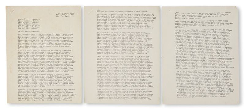 This working draft of “Letter From Birmingham Jail” is up for auction in New York. The famous work by Martin Luther King Jr. was written on scraps of paper while he was held in jail during the Birmingham campaign in 1963. The letter was later typed by his staff and this version was found by Georgia antique collector James Allen at an estate sale three decades ago in Alabama. Courtesy: Swann Auction Galleries