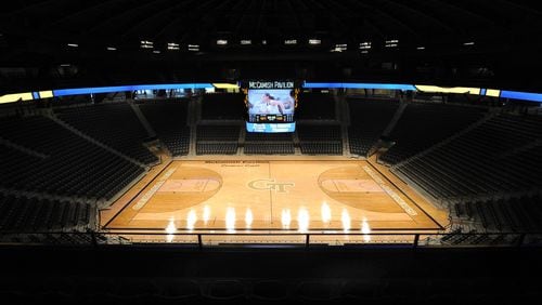 September 18, 2012 -Atlanta: This is a view of the basketball court inside Georgia Tech's McCamish Pavilion on Tuesday, September 18, 2012. The arena has a seating capacity of 8,600 and cost $50million dollars. JOHNNY CRAWFORD /JCRAWFORD@AJC.COM