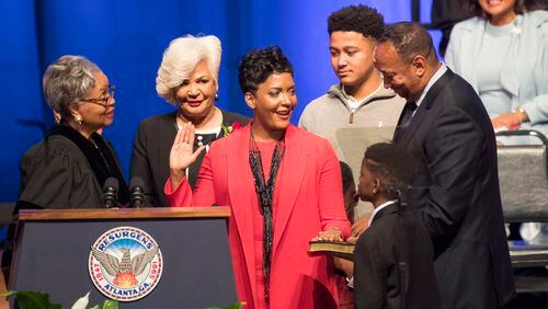 Surrounded by her family, Keisha Lance-Bottoms is sworn in as Atlanta’s 60th mayor Tuesday, January 2, 2018, at Martin Luther King Jr. International Chapel at Morehouse College in Atlanta.