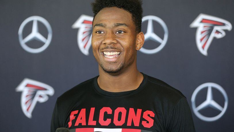 May 12, 2018 Flowery Branch: Atlanta Falcons wide receiver Russell Gage talks to the media after the second day of rookie-mini-camp on Saturday, May 12, 2018, in Flowery Branch.  Curtis Compton/ccompton@ajc.com