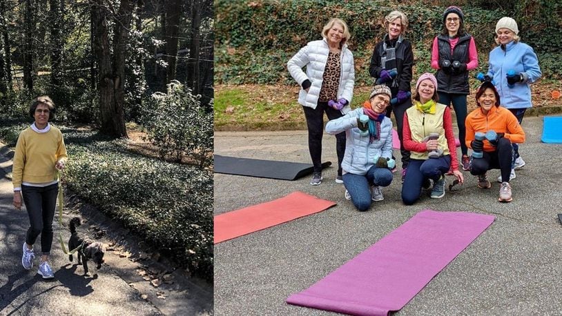 Kathy Costley Broyles, 65, of Sandy Springs is featured in the left in a photo taken in February 2022. (Photo provided by Kathy Costley Broyles). The P.E. Group, featured on the right, is as follows: Front row, from left: Kathy Costley Broyles, Pam Zendt, Ilsa Mendoza-Jackson. Back row, from left: Irene Gruenhut, Knoxie Walstead, Dana Kuehn, Virginia Stoner. (Photo credit: Cindy Hubbard)