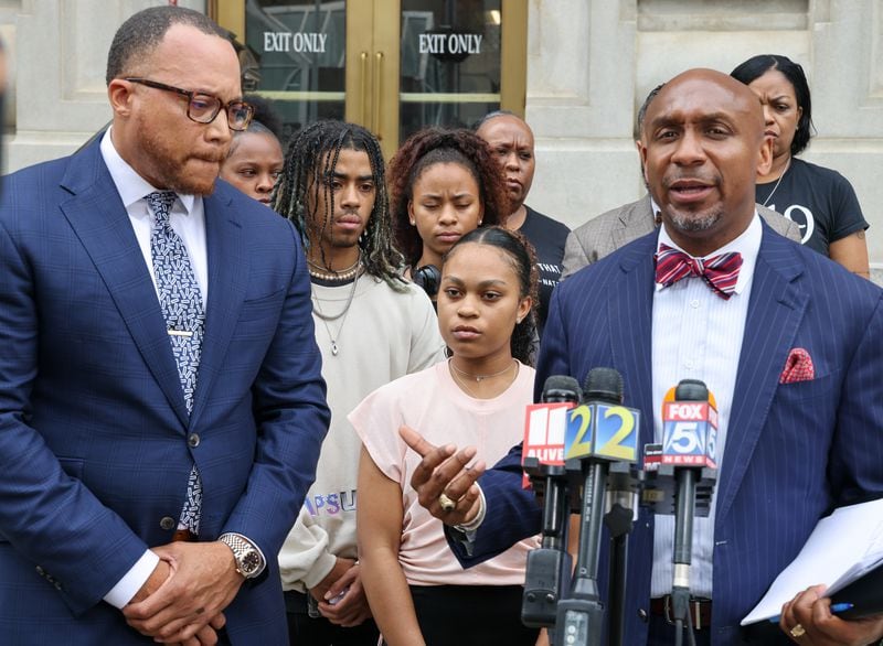 (l-r, foreground) Attorney Justin Miller Messiah Young, Taniyah Pilgrim & Attorney Maul Davis hold a news conference at the Fulton County Courthouse after criminal charges against the officers were dropped. PHIL SKINNER FOR THE ATLANTA JOURNAL-CONSTITUTION.
