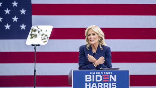 Jill Biden speaks at a rally for her husband and then-presidential Democratic nominee Joe Biden and vice president nominee Kamala Harris in downtown Decatur, Monday, October 12, 2020.  (Alyssa Pointer / Alyssa.Pointer@ajc.com)
