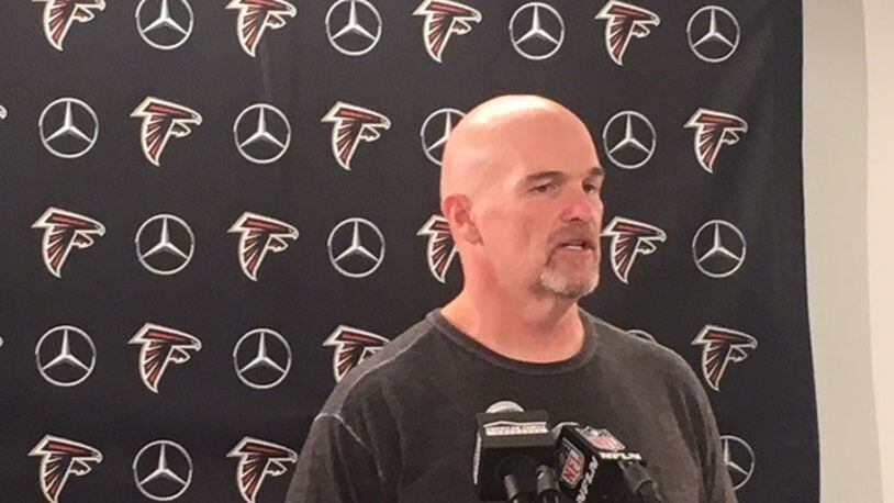 Falcons coach Dan Quinn giving an update on running back Devonta Freeman on Monday. (By D. Orlando Ledbetter/dledbetter@ajc.com)