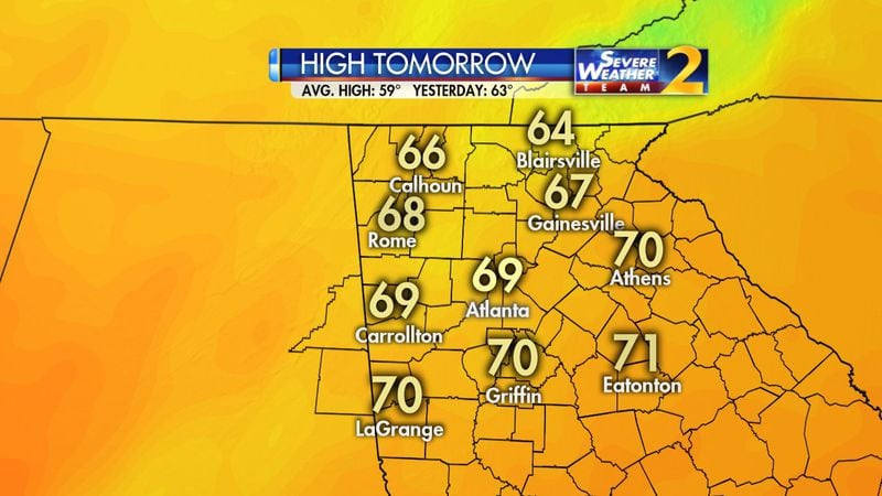 Atlanta’s high is expected to hit 69 Wednesday. (Credit: Channel 2 Action News)