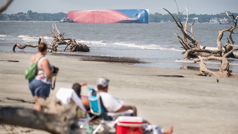 A 656-foot vehicle carrier, the Golden Ray, capsized in St. Simons Sound on Sunday. SEAN RAYFORD / GETTY IMAGES