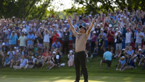Xander Schauffele celebrates after winning the PGA Championship golf tournament at the Valhalla Golf Club, Sunday, May 19, 2024, in Louisville, Ky. (AP Photo/Jeff Roberson)