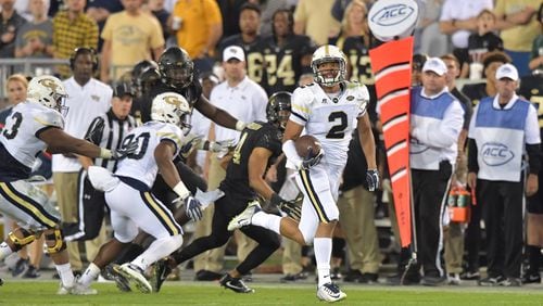 Georgia Tech wide receiver Ricky Jeune (2) runs with the ball in the second half of an NCAA college football game at Bobby Dodd Stadium on Saturday, October 21, 2017. Georgia Tech beat Wake Forest 38-24. HYOSUB SHIN / HSHIN@AJC.COM