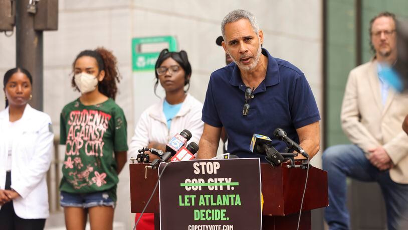 Kamau Franklin speaks as a part of the ‘Vote to Stop Cop City’ coalition during a press conference to launch a referendum campaign to put Cop City on the ballot outside of Atlanta City Hall, Wednesday, June 7, 2023, in Atlanta. (Jason Getz / Jason.Getz@ajc.com)