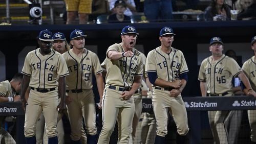 Georgia Tech players offer their encouragement during the Yellow Jackets' 7-6 win over Georgia at Russ Chandler Stadium May 18, 2021. (Danny Karnik/Georgia Tech Athletics)