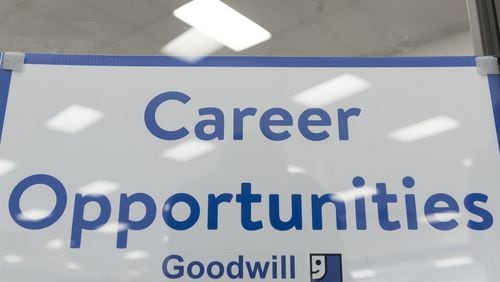 March 30, 2017, Oakwood - A sign in the window of the Goodwill of North Georgia’s career center in Oakwood, Georgia, on Thursday, March 30, 2017. The Career Center offers training to many individuals who have a desire to work and are looking for a job in order to continue to receive SNAP benefits. (DAVID BARNES / DAVID.BARNES@AJC.COM)