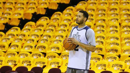 Hawks’ Mike Scott takes in Quicken Loans Arena during team shoot around in preparation for Game 4 against the Cavaliers in the Eastern Conference Finals on Tuesday, May 26, 2015, in Cleveland. Curtis Compton / ccompton@ajc.com