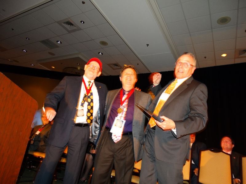 Randy Cook (middle) and Spiff Carner (left) worked at five different radio stations in town and hosted the career achievement portion of the ceremony again. They made numerous jokes about being fired and their connection to various inductees, including their former boss Rick Mack. (right)