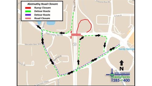Map depicts the suggested detour for Abernathy Road when it is closed this weekend at Ga. 400 in the Sandy Springs-Dunwoody area. GEORGIA DEPARTMENT OF TRANSPORTATION