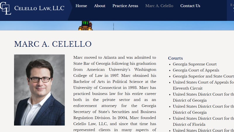  Marc Celello, seen here on his law office's website, has been accused of fraud and aiding and abetting by the SEC.