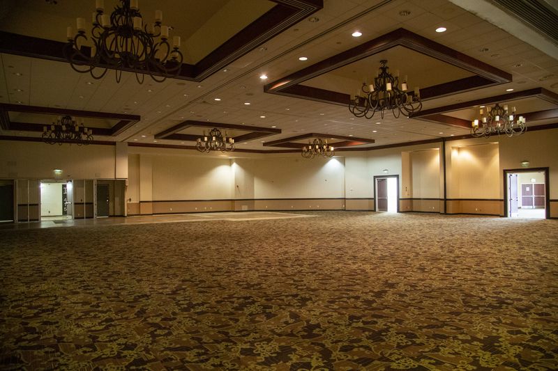 A ballroom sits empty at the former Sheraton Atlanta Airport  Hotel in College Park, Friday, September 4, 2020. The hotel was acquired by the City of Atlanta for $16.8 million in 2017. Since the purchase, the hotel, which had a convention center attached, has been used for movie production. The city is demolishing the hotel. (Alyssa Pointer / Alyssa.Pointer@ajc.com)