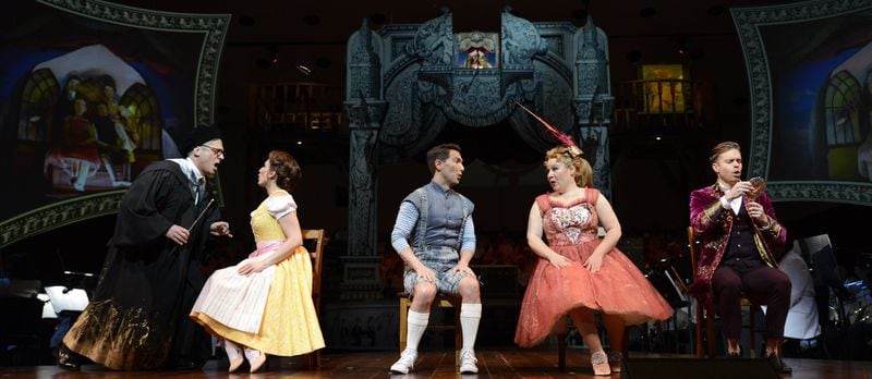 The cast of “Candide” includes Christopher Sieber (from left), Janine DiVita, Aaron Blake, Alexandra Schoeny and Hunter Ryan Herdlicka. CONTRIBUTED BY GREG MOONEY