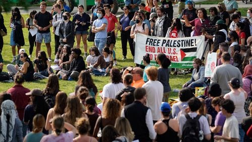 Emory University community members gather on the campus quad for a rally in support of Palestinians on Friday, April 26, 2024. The quad typically is the site of commencement, but this year's events will occur off campus, with university leaders citing safety concerns and advice from law enforcement and security experts.