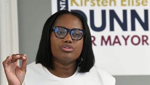 August 25, 2021 Atlanta - Local businesswoman Kirsten Dunn officially announces her candidacy to become Atlanta's 61st mayor at The Gathering Spot in Atlanta on Wednesday, August 25, 2021. (Hyosub Shin / Hyosub.Shin@ajc.com)
