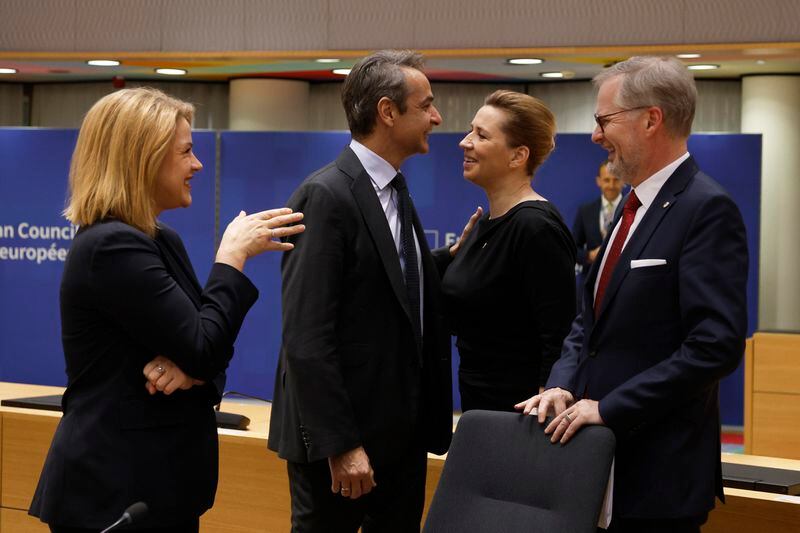 From left, Latvia's Prime Minister Evika Silina, Greece's Prime Minister Kyriakos Mitsotakis, Denmark's Prime Minister Mette Frederiksen and Czech Republic's Prime Minister Petr Fiala speak during a round table meeting at an EU summit in Brussels, Thursday, April 18, 2024. European Union leaders vowed on Wednesday to ramp up sanctions against Iran as concern grows that Tehran's unprecedented attack on Israel could fuel a wider war in the Middle East. (AP Photo/Omar Havana)