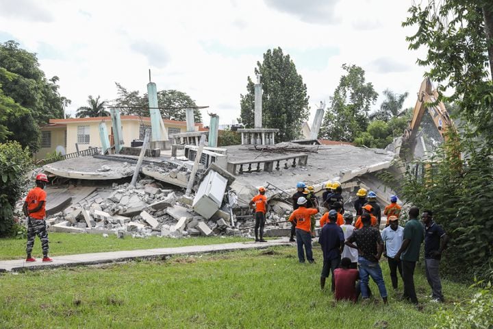 Buildings damaged during an earthquake near Camp-Perrin, Haiti, on Sunday, Aug, 15, 2021. (Valerie Baeriswyl/The New York Times)